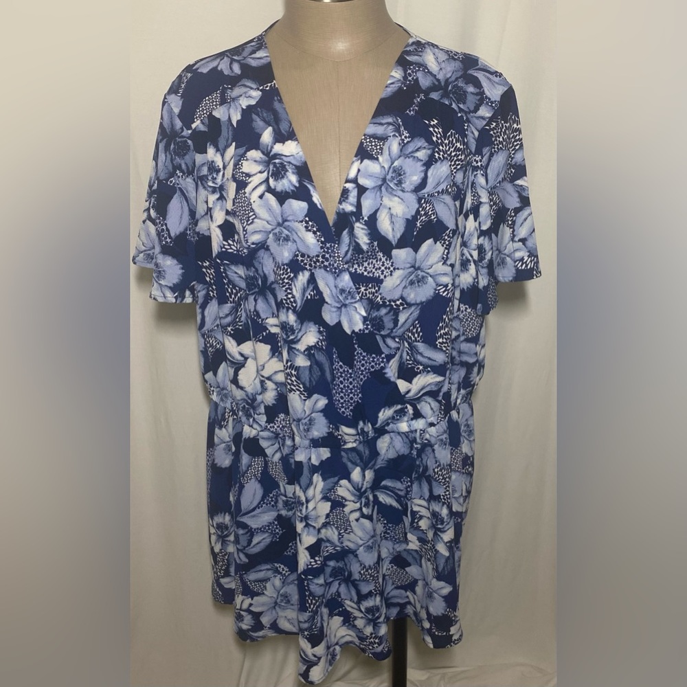 Lane Bryant Faux Wrap Blue White Floral Blouse Size 20